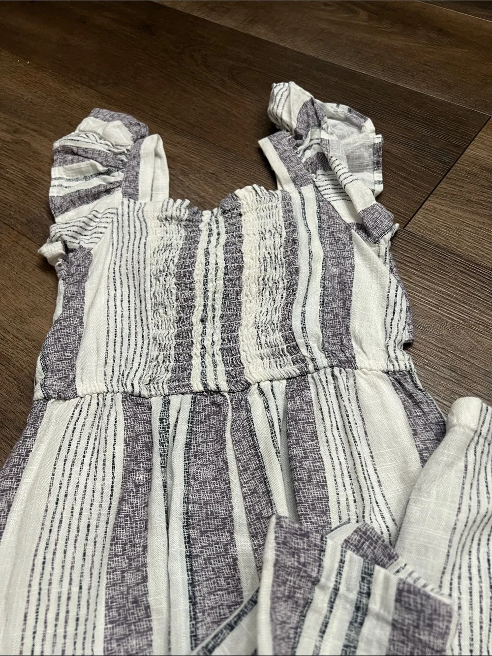 Jessica Simpson Cream & Purple Striped Ruffle Strap Jumpsuit